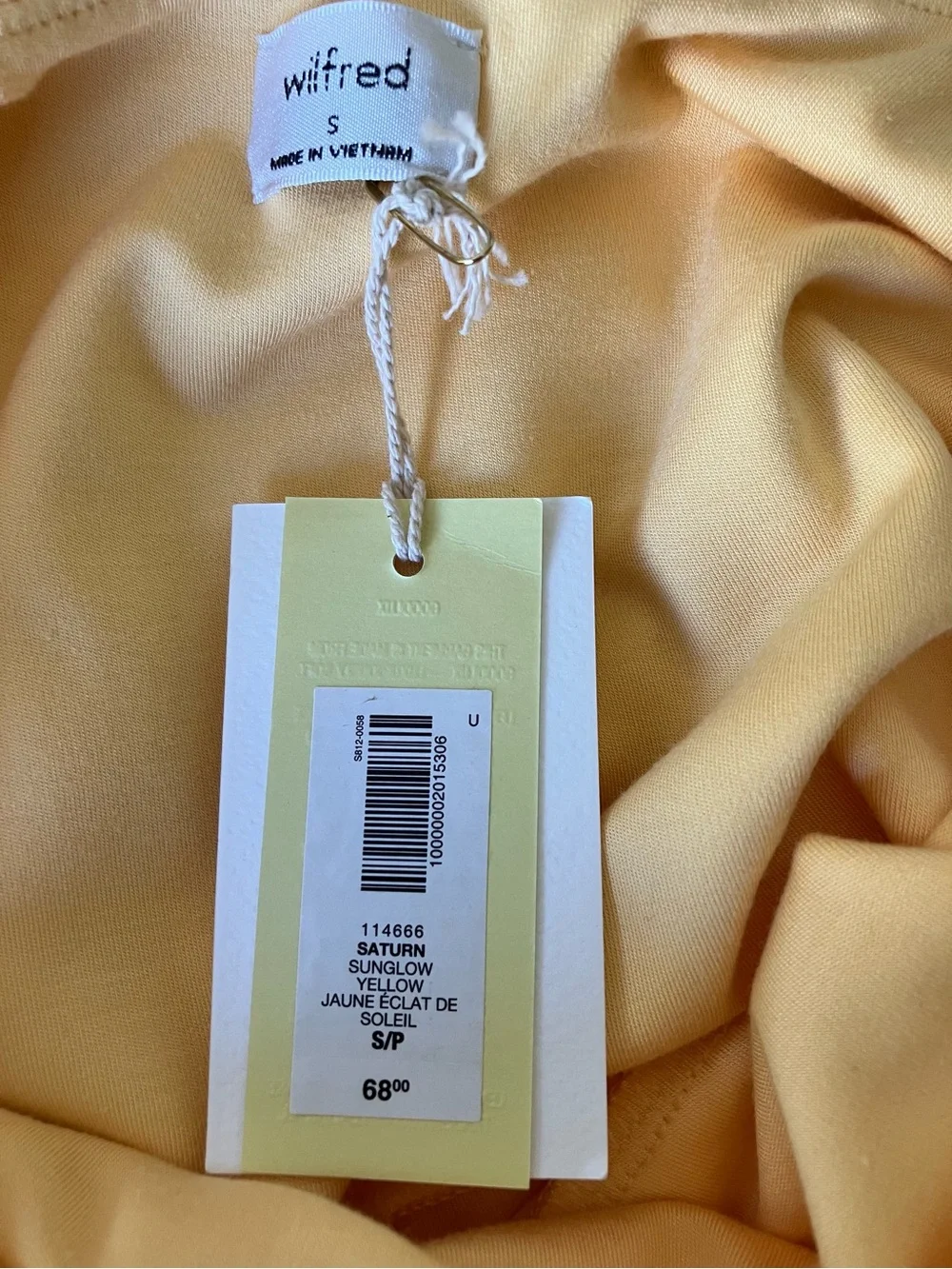 Wilfred Aritzia Saturn Mini Dress Size S Orange Yellow Square Neck Draped Wrap - Picture 11 of 13
